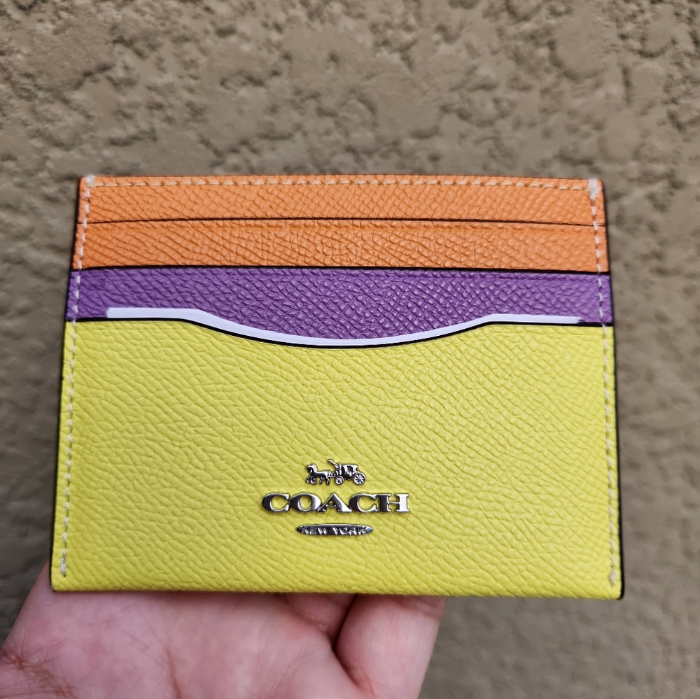 Coach Slim ID Card Case Colorblock Sv/Bright Yellow Multi Crossgrain Leather NWT